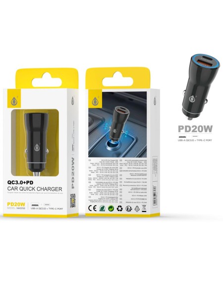 Cargador de coche-mechero Usb QC3.0 + Type-C / 20w / Negro / NA0256 / One+ / 2002562